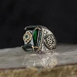 European and American new retro ethnic style texture green zircon inlaid fashionable personalized men's and women's rings