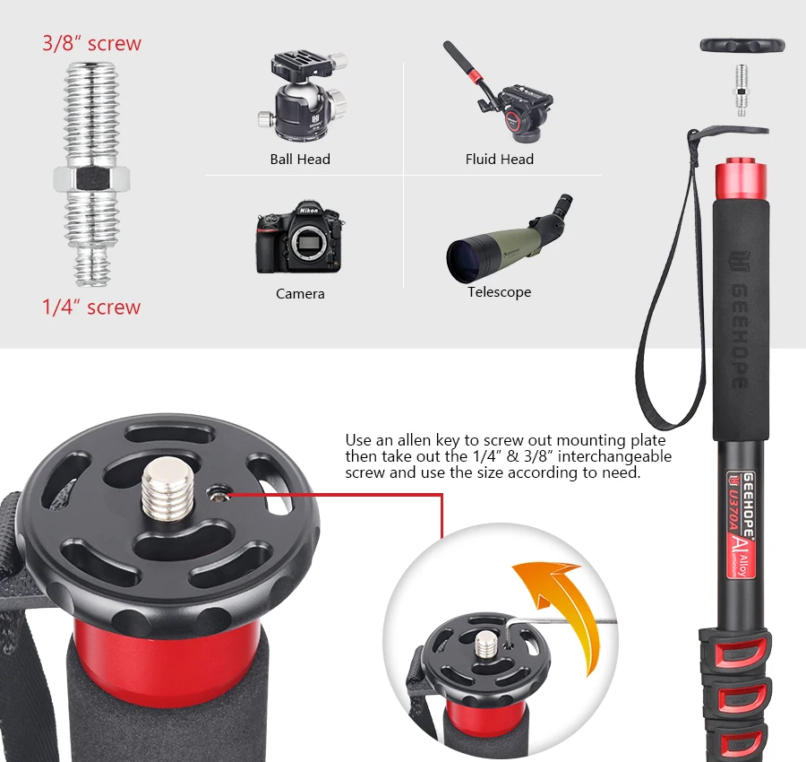 GEEHOPE U270A/U370A Kamera Einbeinstativ Aluminiumlegierung 5-teiliges Bein Professioneller Videoständer für Canon Nikon GoPro DSLR Camcorder – Detail 4