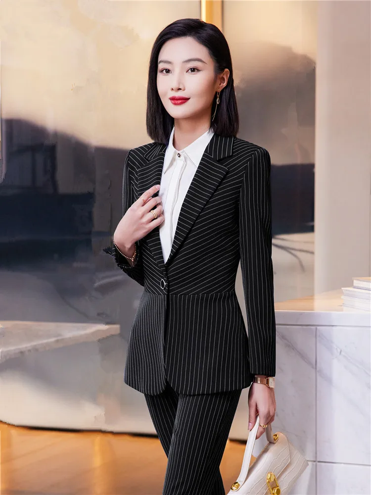 Formal Pant Suit for Women Long Sleeve Blazer and Trousers Blue Striped Suit Office Business Work Wear Lady Fashion 2 Piece Set