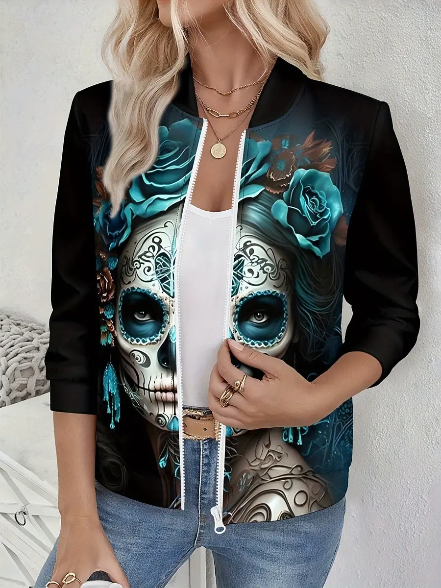 

Женская бейсбольная куртка с принтом черепа, легкая быстросохнущая ткань, функциональные карманы на молнии, синий, фиолетовый, зеленый весенний стиль