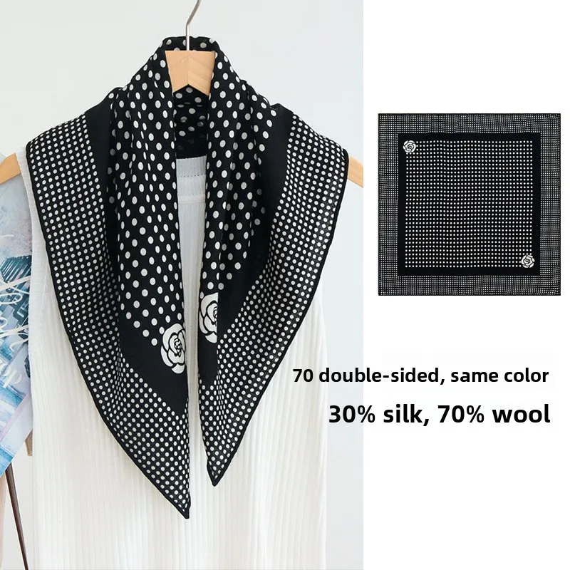 65x65CM Double Sided Silk Wool Square Scarf 30% MULBERRY SILK 70% WOOL Black White Polka Dot Women Neck Scarf Bag Decor Shawl