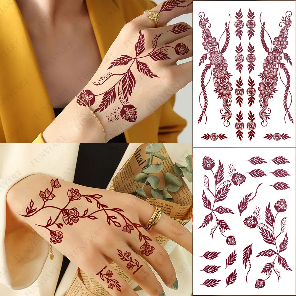 

Disposable Henna Tattoos for Hand Maroon Flower Leaf Pattern Tattoo Sticker for Women Hand Foot Body Decor Temporary Fake Tattoo