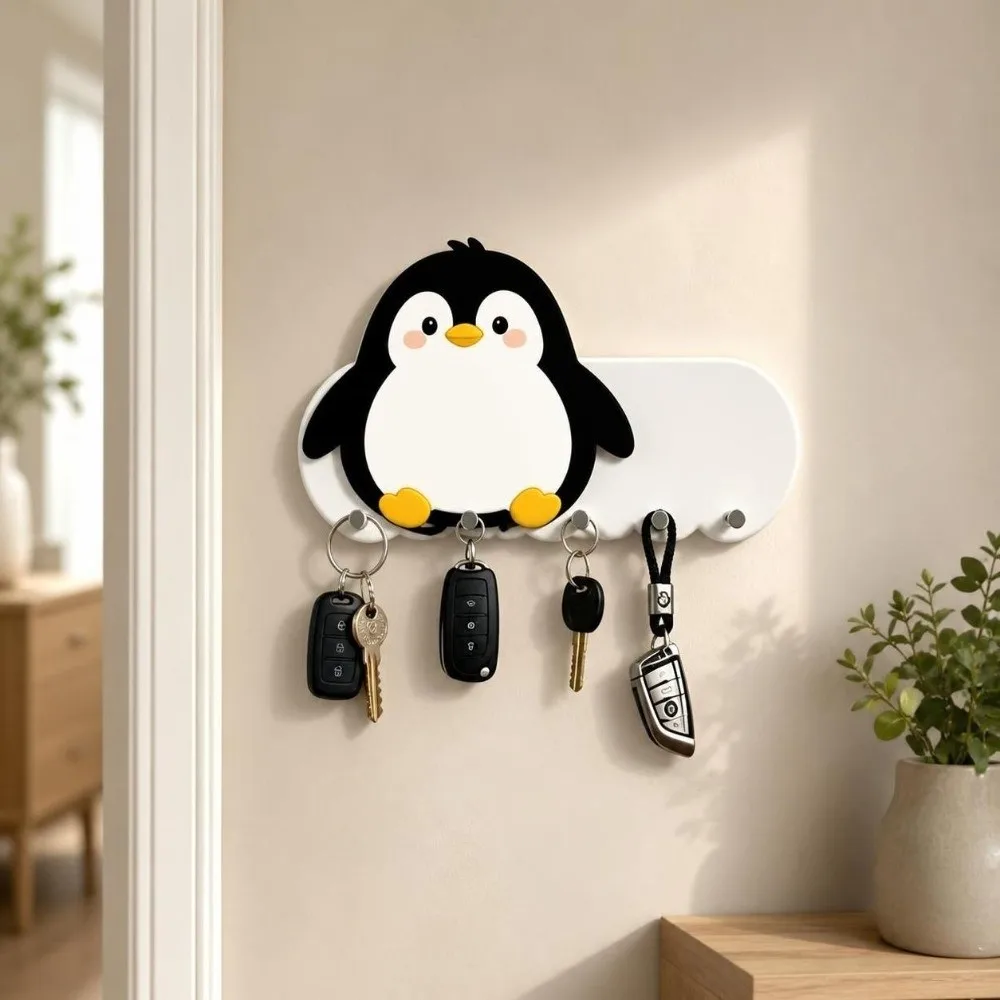Lovely Wooden Animal Key Hook Cartoon Punch-Free Adhesive Key Holder Self-Adhesive Practical Wall-mount Hanger Entryway