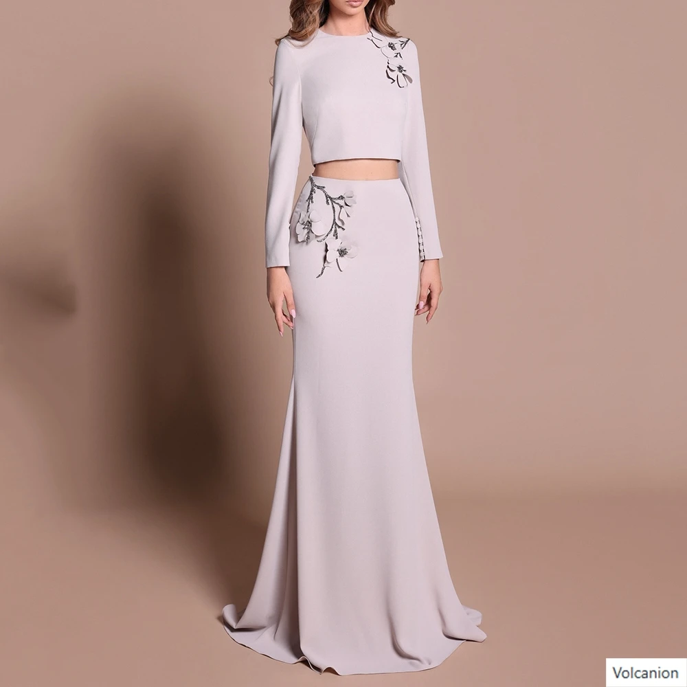 

Customized Mermaid Evening Dresses Floor-length O-neck Full Sleeve Prom Gown Fashion Flowers Button Simple Draped Party Gown