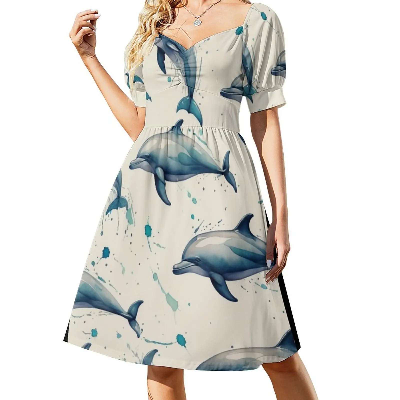 

Vintage Watercolour Dolphin Print Short-Sleeved Dress dress for women women's summer dresses 2025