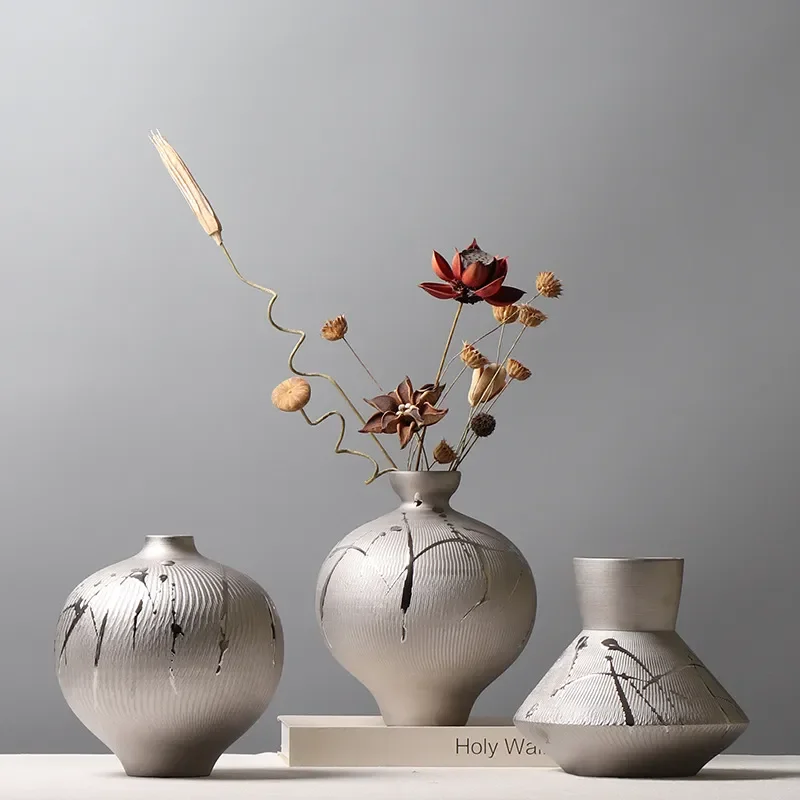 for Modern Simple Electroplated Silver Ceramic Vase Hotel Model Room Creative Flower Arrangement Decoration Soft Handicraft