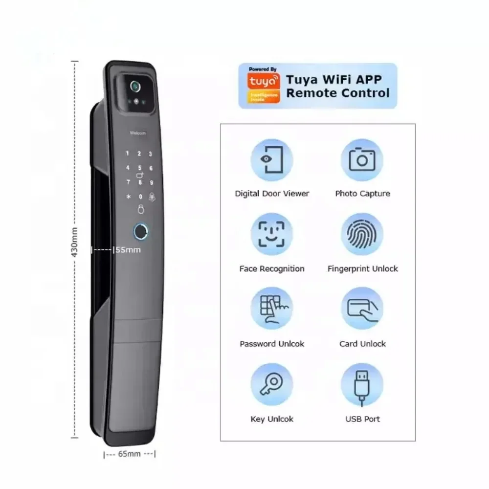 High Security Fingerprint Door Lock With Camera Tuya 3D Face Recognition Automatic Door Smart Door Lock With Tuya App