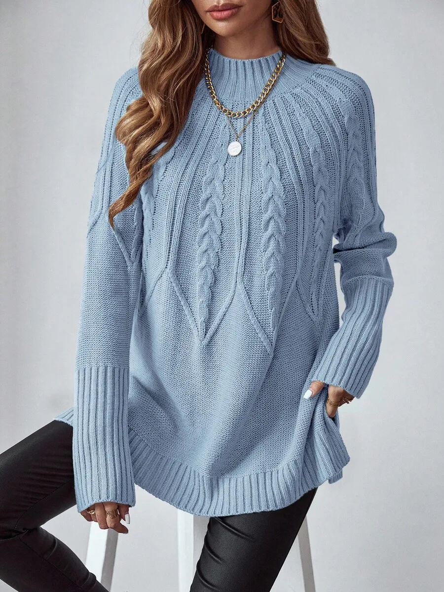 Solid Color Mock Neck Long Sleeve Knit Sweater