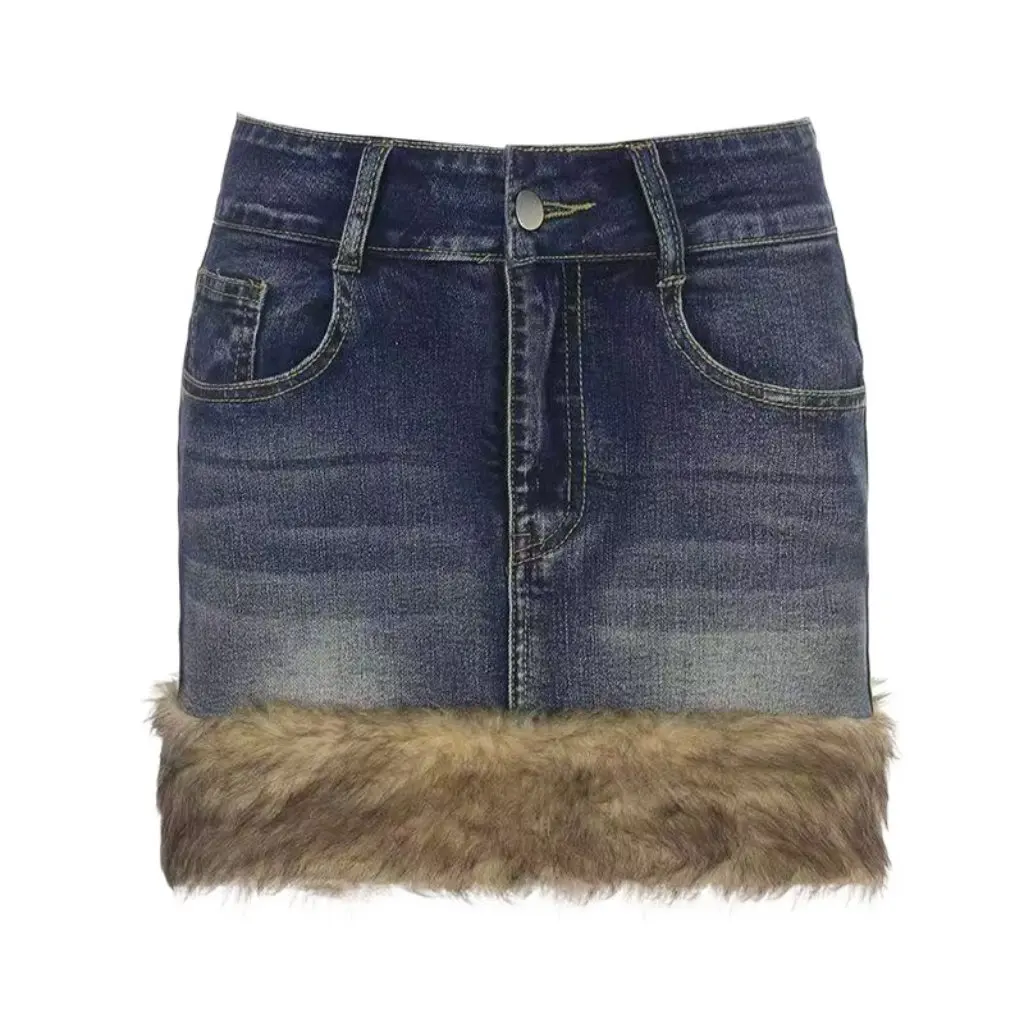 Subkultur American Retro Furry Mini Denim Rock Süßer und würziger Stil Maillard Rock für Frauen