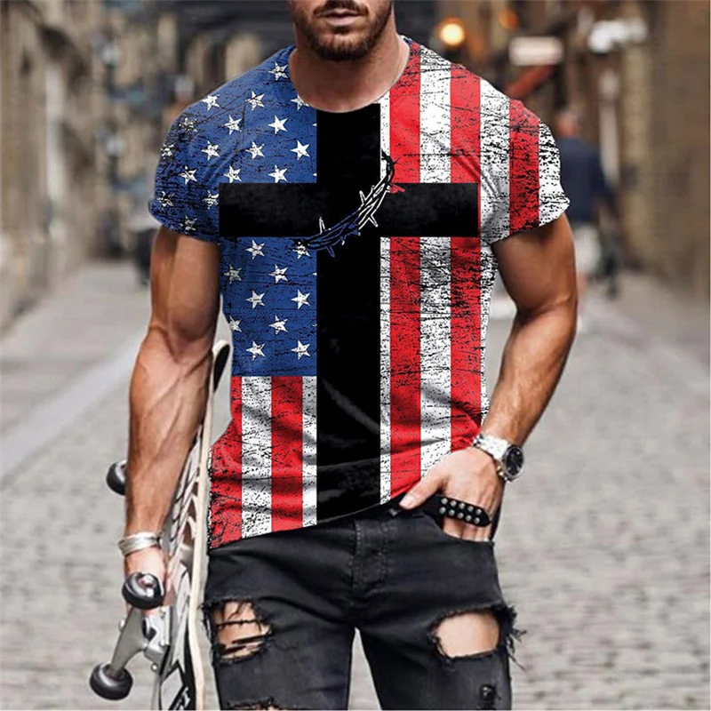 Summer New Mens Oversized Vintage Short Sleeve T Shirts Blue Lock Cross Striped Print O Collared Tshirts Men Y2K Playeras Hombre