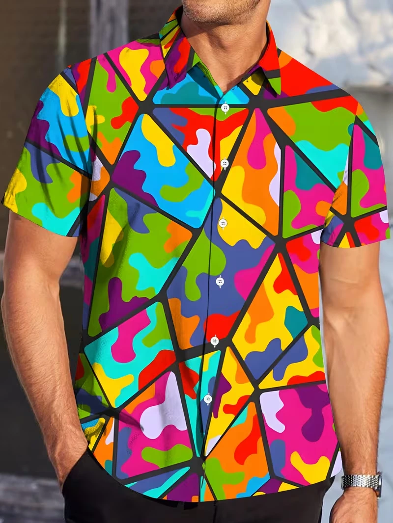 New Men's Shirts Novelty Color Block Geometric Print Short Sleeve Shirt Summer Vacation Turn-Down Collar Blouse Loose Women Tops