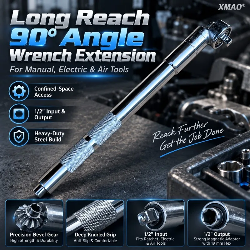 XMAO 1/2 Inch 90 Degree Right Angle Wrench Extension Long Reach Impact Adapter for Ratchet Air Electric Wrench Auto Repair Tool