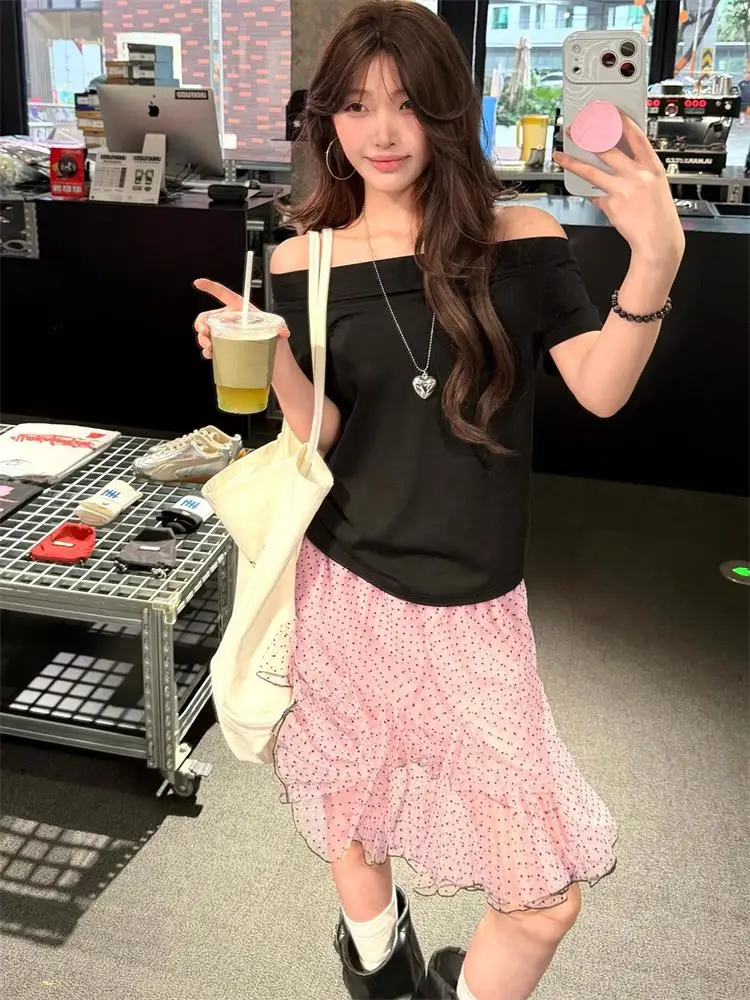 Summer New Polka Dot A-Line  Skirt Women's Ballet Style Fluffy Cake Skirt High Waist Korean Style Commute Print Fabric