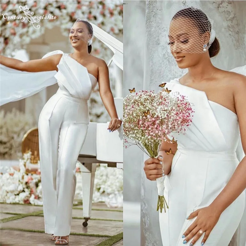 African White Jumpsuits Wedding Dresses One-Shoulder Satin Bride Reception Jumpsuit Women Pant Suits Customized