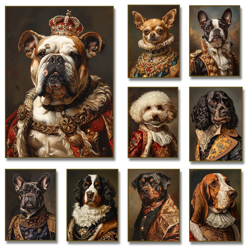 1pc frameless Canvas Painting French Bulldog Chihuahua Poodle Dogs Royal Portrait Canvas Painting Print Art Posters Vintage Wall