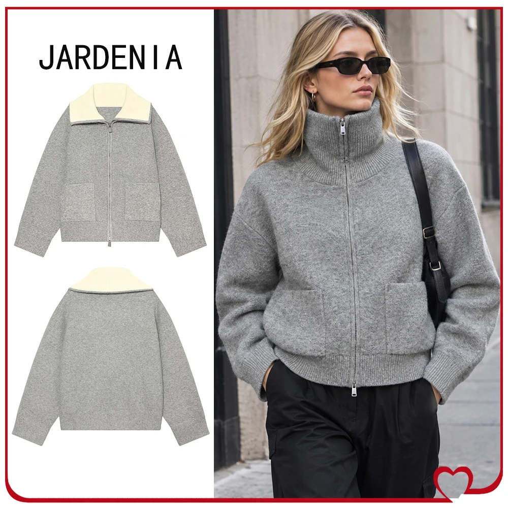 Autumn Contrast Collar Cardigan for Women Gray Zippered Cardigan with Ribbed Trims Stylish High-neck Knitwear with Patch Pockets