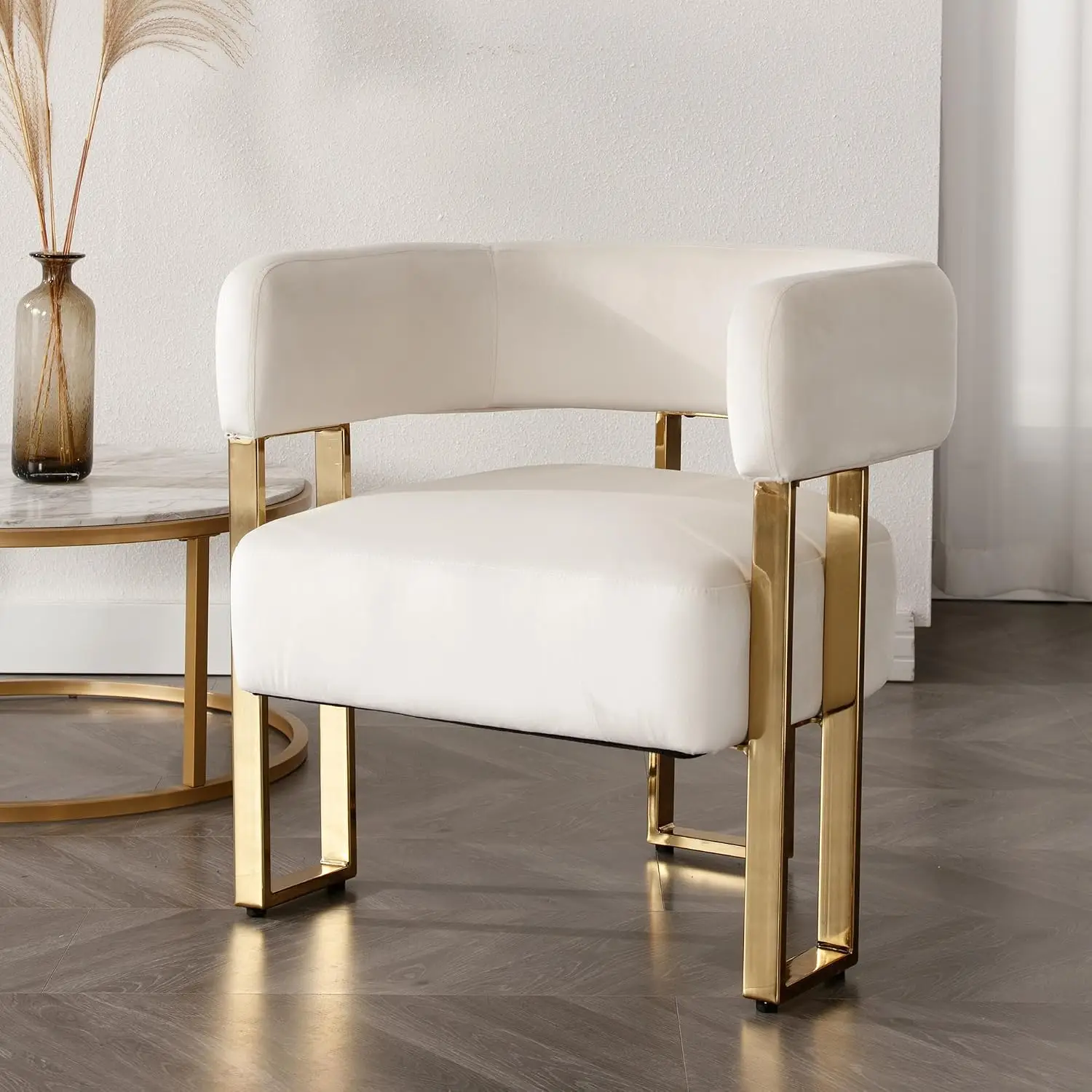 Velvet Barrel Chair with Golden Metal Legs, Modern Armchair for Living Room Bedroom Office, Ivory, Customized