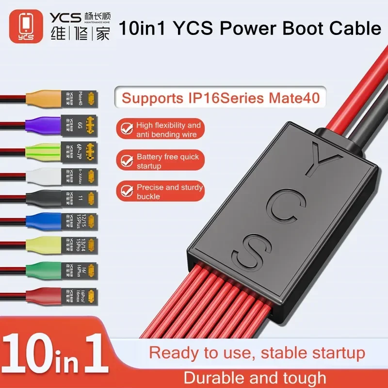 YCS-D01 10 in 1 Power Boot Cable for IP 6-16ProMax HUAWEI Mate40 Mobile Phone Motherboard Battery Clip Testing Power On Line