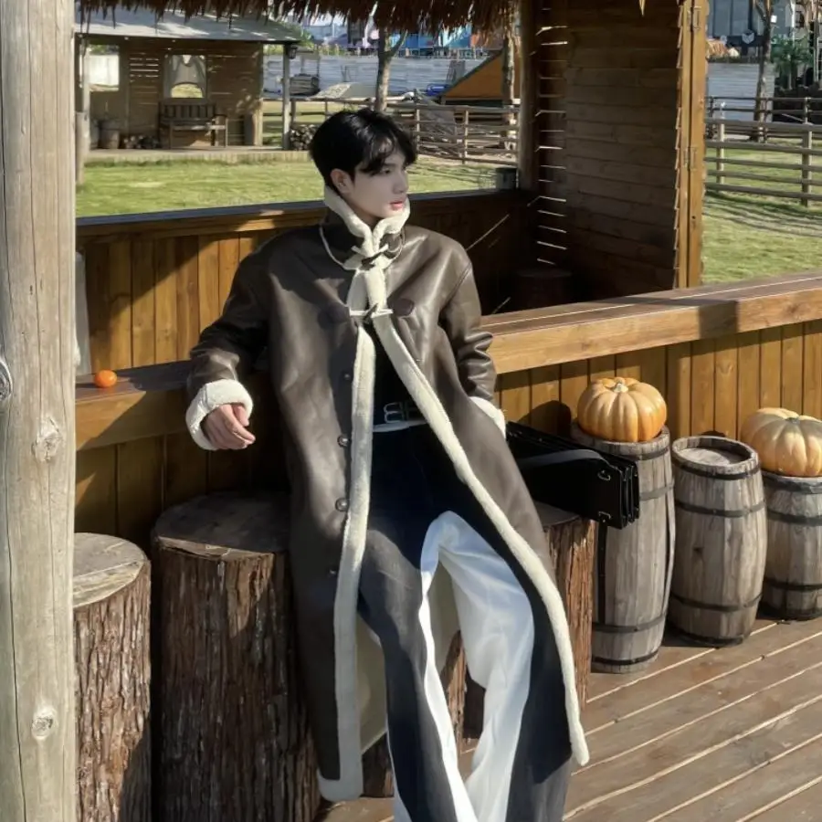 

2025 Новое модное теплое длинное мужское зимнее меховое интегрированное пальто, утолщенная и универсальная парка из искусственного меха, модная