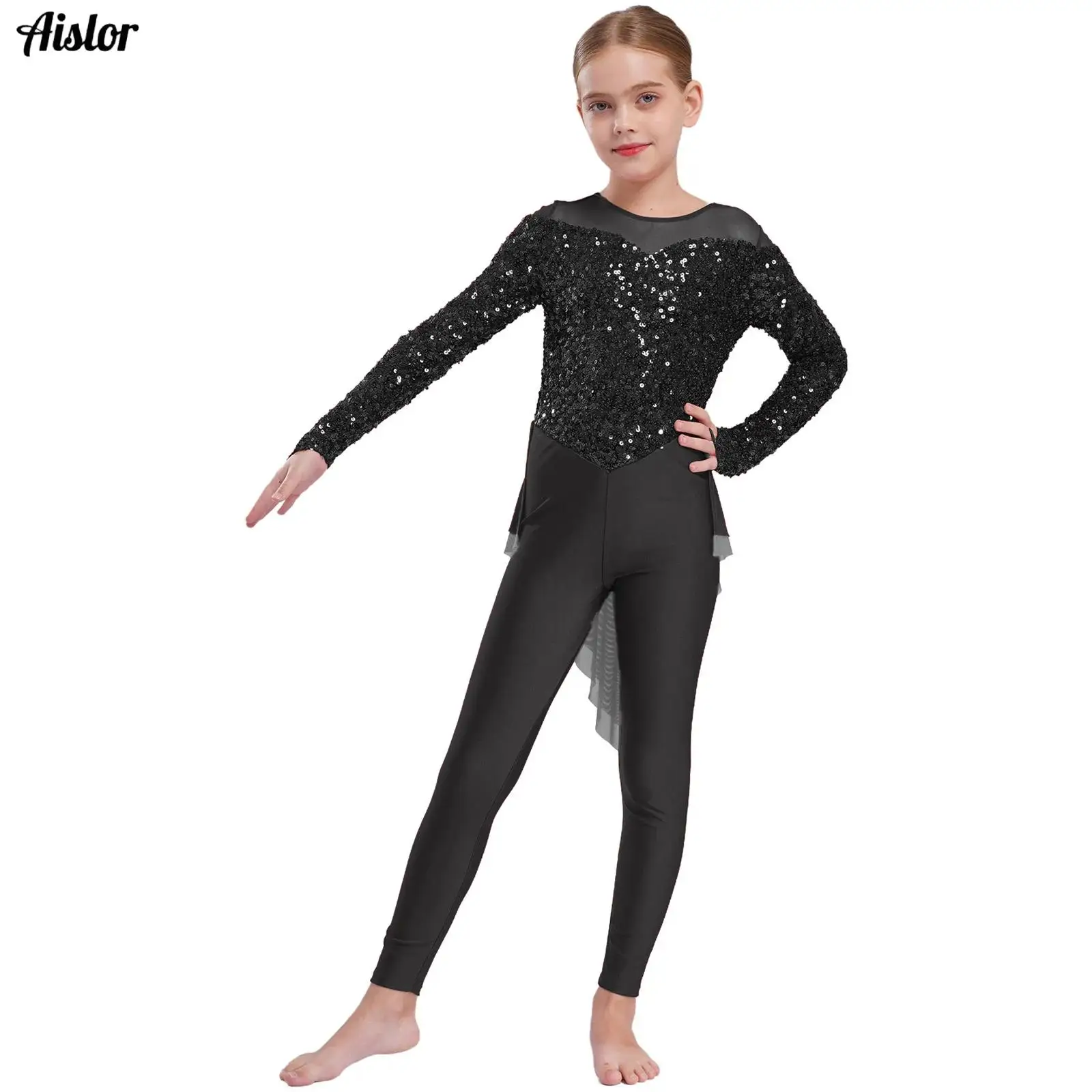 

Kids Girls Shiny Sequins Jumpsuit Long Sleeve Ankle Length Skirted Leotard Bodysuit for Dance Gymnastics Performance Competition