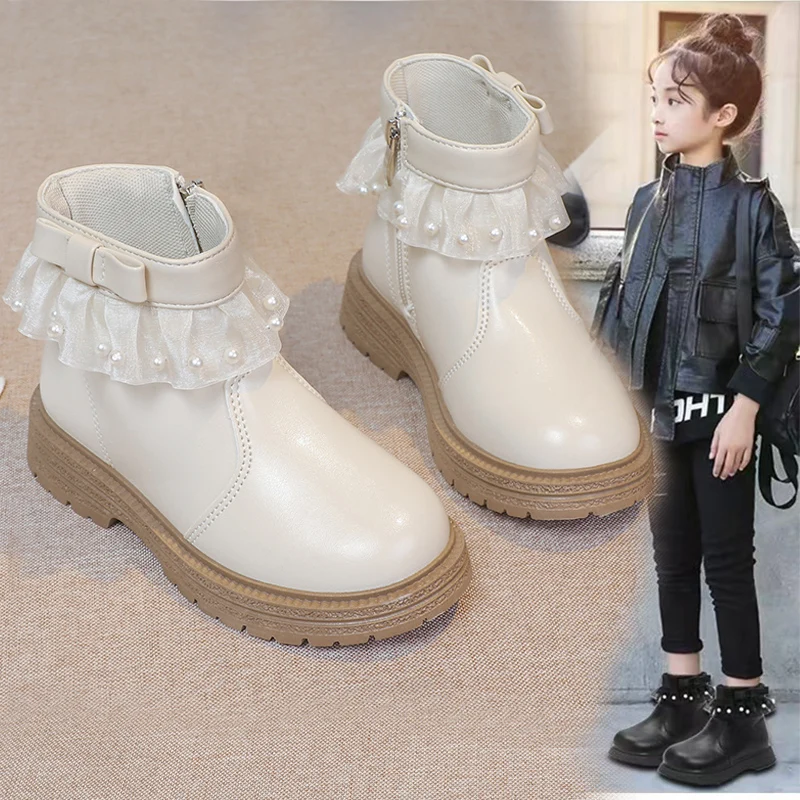 

Girls Children Princess Shoes with Butterfly Knot Soft Sole High Top Studded Boots Kids Casual PU Leather Boots Pure Color Shoes