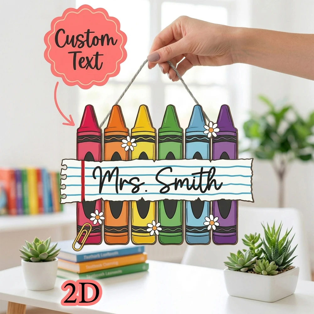 Personalized Custom Teacher Name Crayon Door Sign,Colorful Wooden Hanging Plaque,Back To School Decor,Classroom Door Decoration