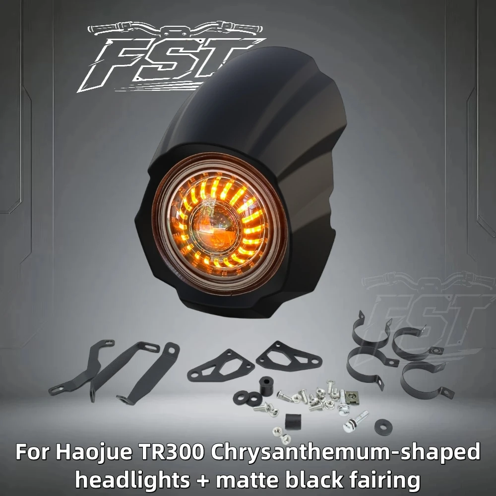 For Haojue TR300 custom 7-inch high-brightness LED round headlight with front fairing (cowl) – direct-fit installation.