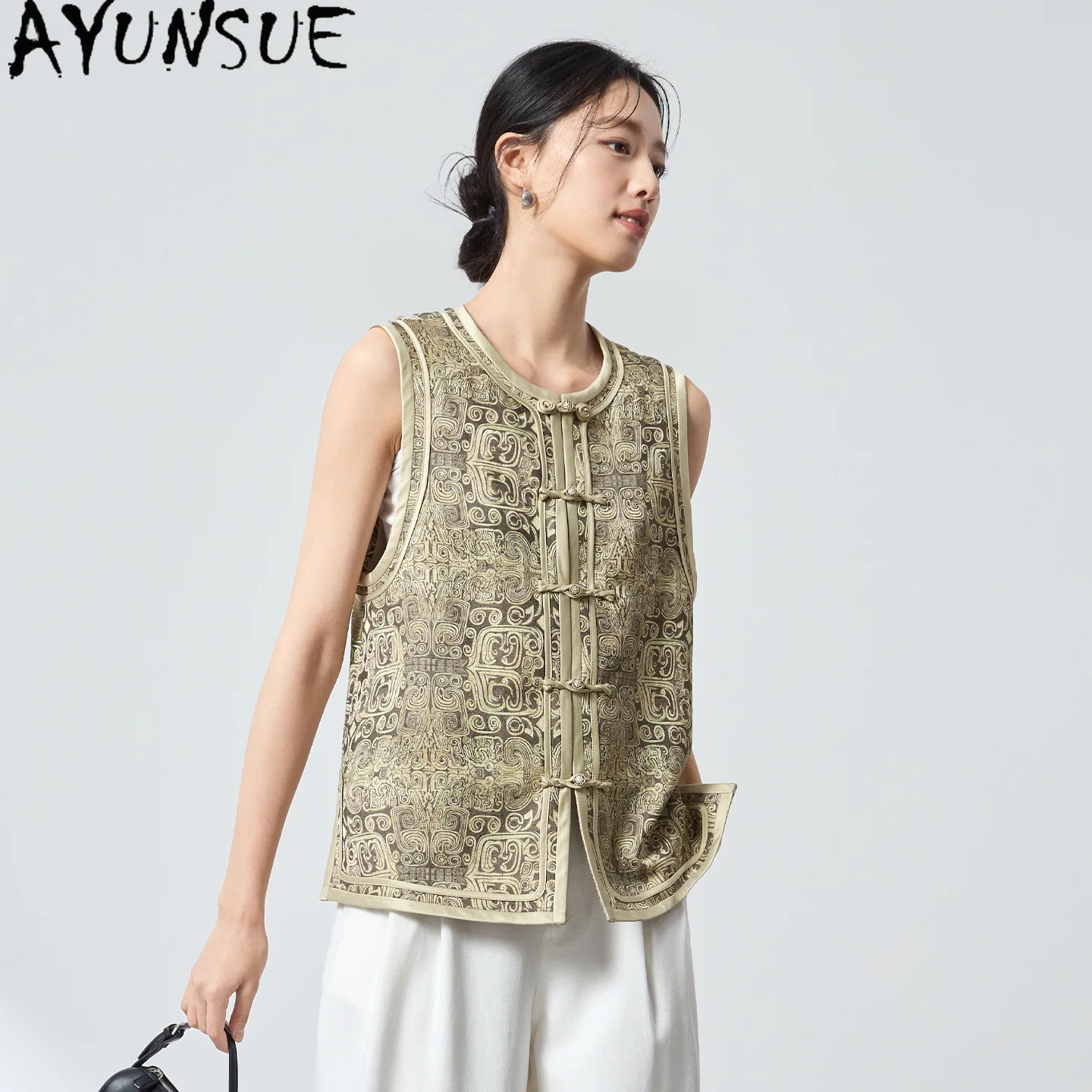 AYUNSUE Mulberry Silk Wool Blended Chinese Style Vest for Women Jacquard Womens Tops Autumn Vintage Vest Women 2026Chaleco Mujer