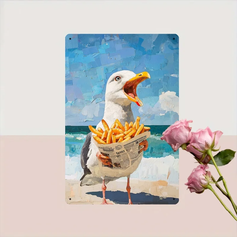 Whimsical Seagull with Fries Metal Tin Sign | Vibrant Beach-Themed Wall Art - , Rustic Indoor & Outdoor Coastal Decor for Cafes,
