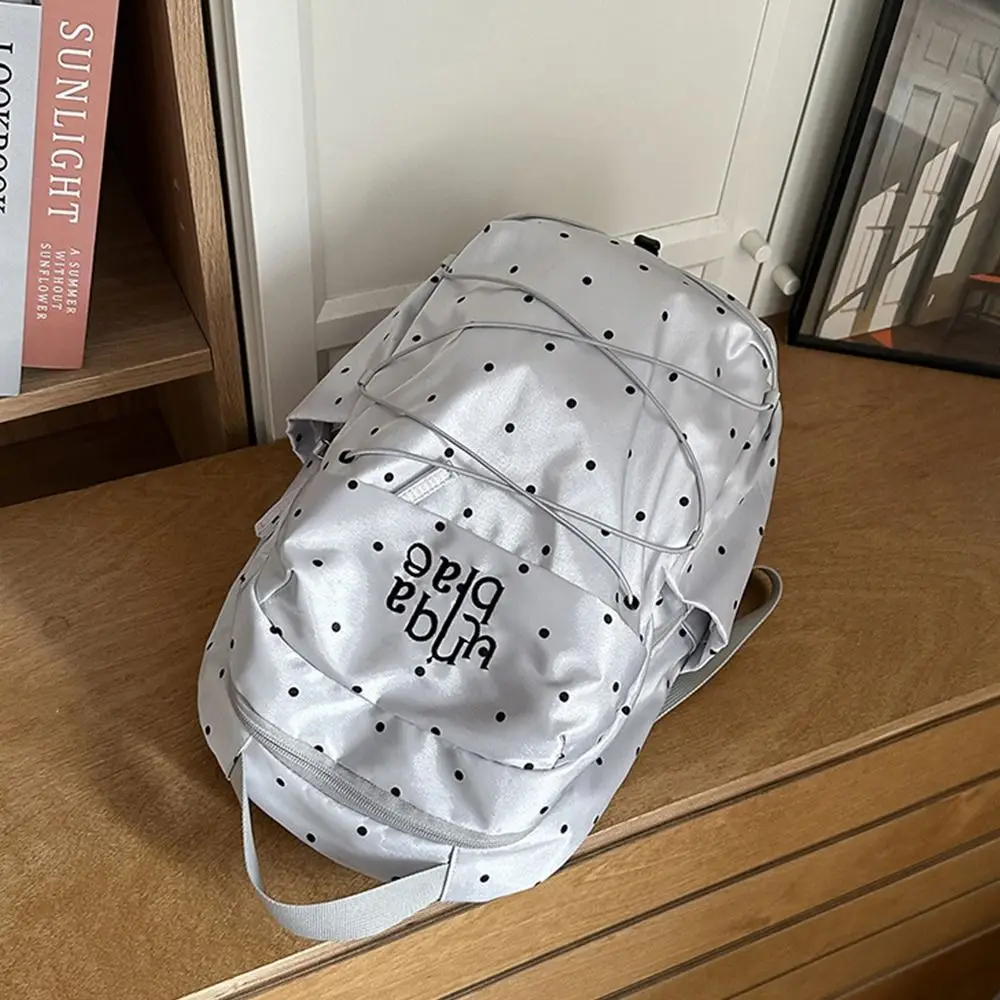 Nylon Material Polka Dot Backpack Large Capacity Durable Construction Student School Bag Drawstring Closure Lightweight Design