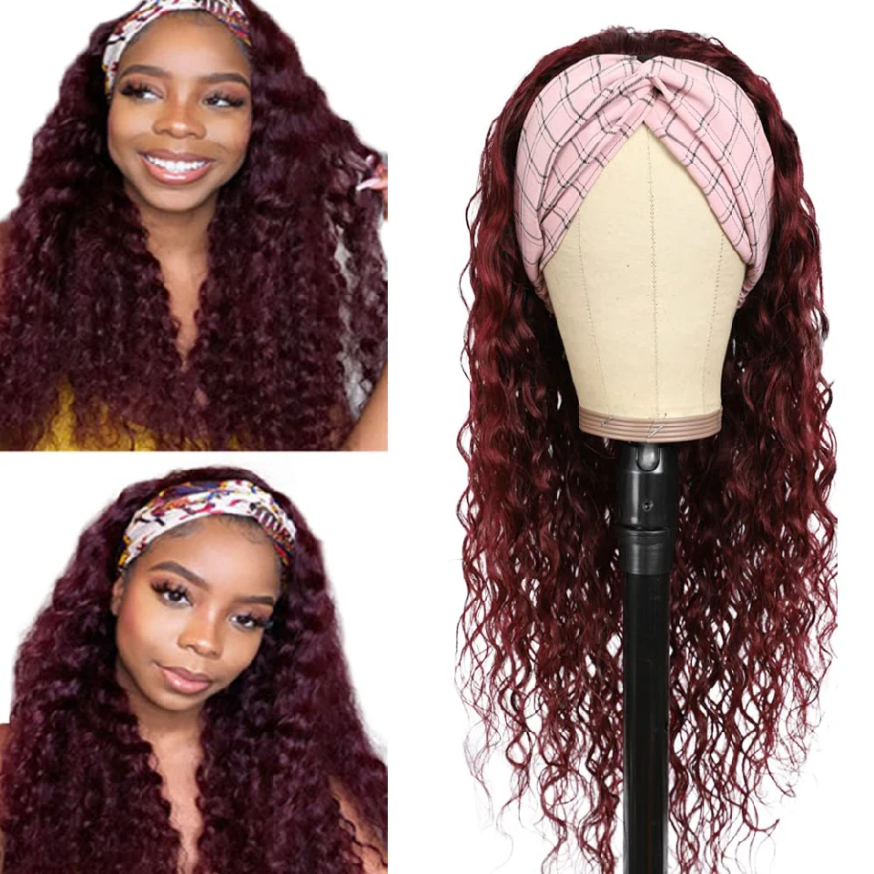 

#99j Red Headband Wig Human Hair Burgundy Deep Wave Headband Human Hair Wigs 180% Density Glueless Brazilian Virgin Hair Wigs