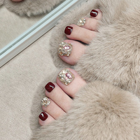 12Pcs Handmade Toenails Pink and White Rhinestone Design Fake Toes Nail Short Square False Nail Tips for Summer Women Feet Decor