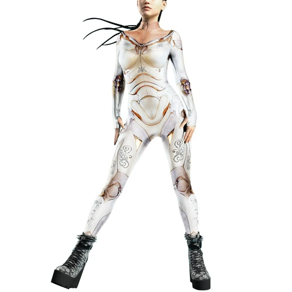 

New Women Sexy Mechanical CyberPunk Jumpsuit Catsuit Zipper Bodysuit Halloween Game Party Costume Female Cosplay Zentai Outfit