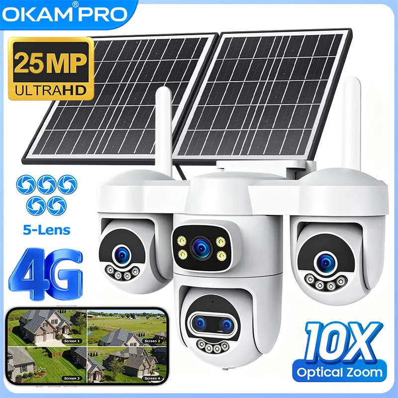 OKAM PRO AOV Solar Camera Five Lens HD 25MP 10X ZOOM 4G SIM Camera 15W Solar Panel 16000mah Battery Three PTZ Four Screen CCTV