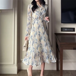 REALEFT 2024 New Elegant Floral Printed Women's Pleated Dresses Spring Summer Chiffon Long Sleeve Korean V-Neck Dresses Female