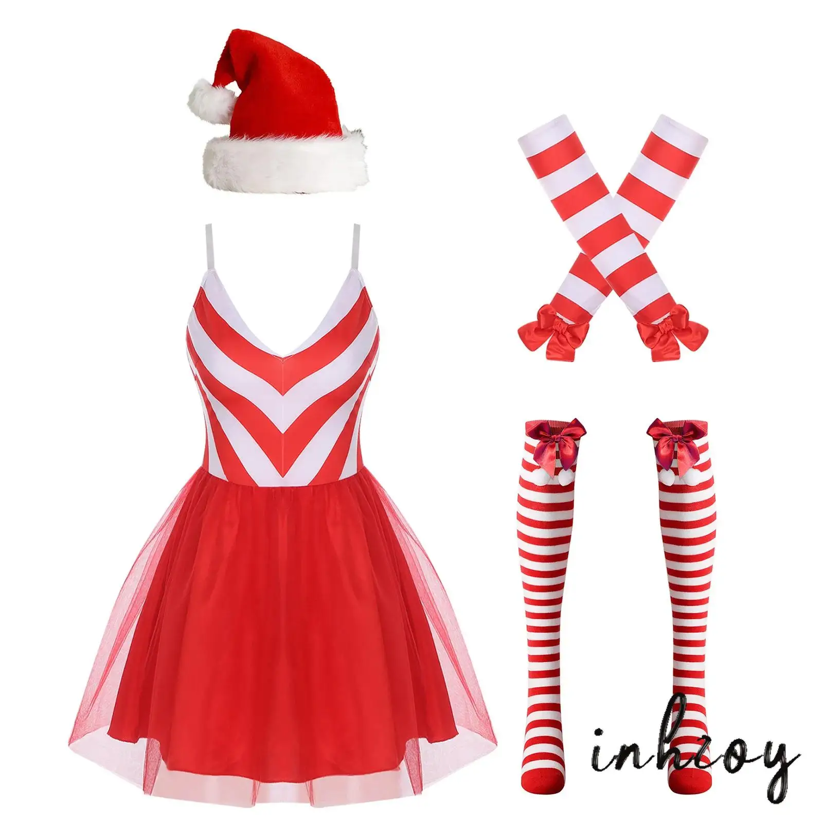 المرأة عيد الميلاد الزنجبيل رجل الزي الخامس الرقبة قابل للتعديل الكتف الأشرطة مخطط صد فستان عيد الميلاد مع القوس قفازات قبعة والجوارب #1