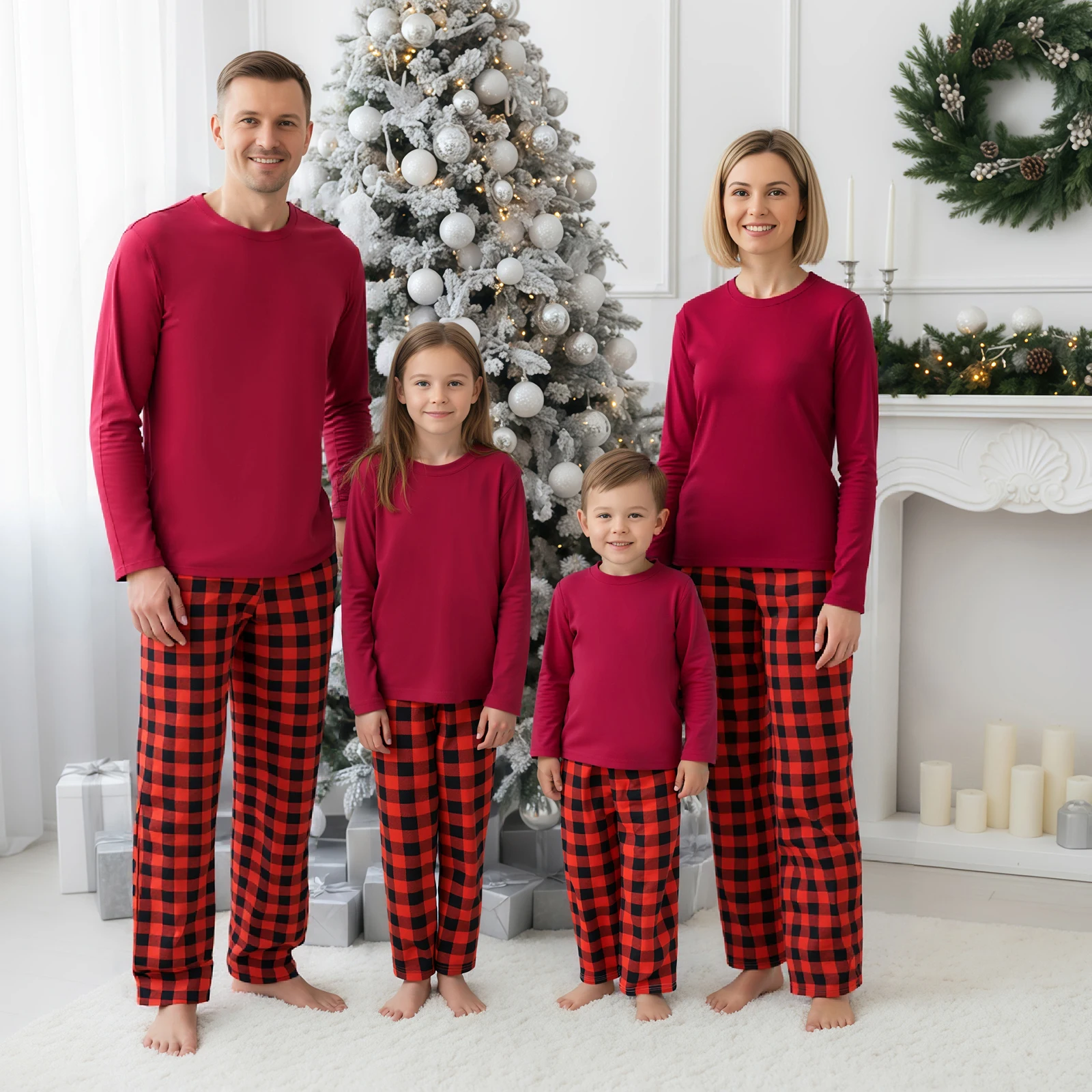 

Christmas Family Matching Pajamas Outfits Adult Kids Xmas Red Tops+Plaid Pants Baby Rompers Holiday Pajamas Sleepwear Pyjama