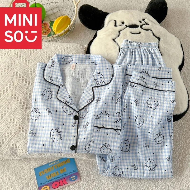 مرحبا كيتي بيجامة مجموعة النساء الخريف الشتاء جديد الراحة Y2K لطيف Kawaii منقوشة المتسكعون 2 قطعة طويلة الأكمام السراويل العليا ملابس خاصة #5