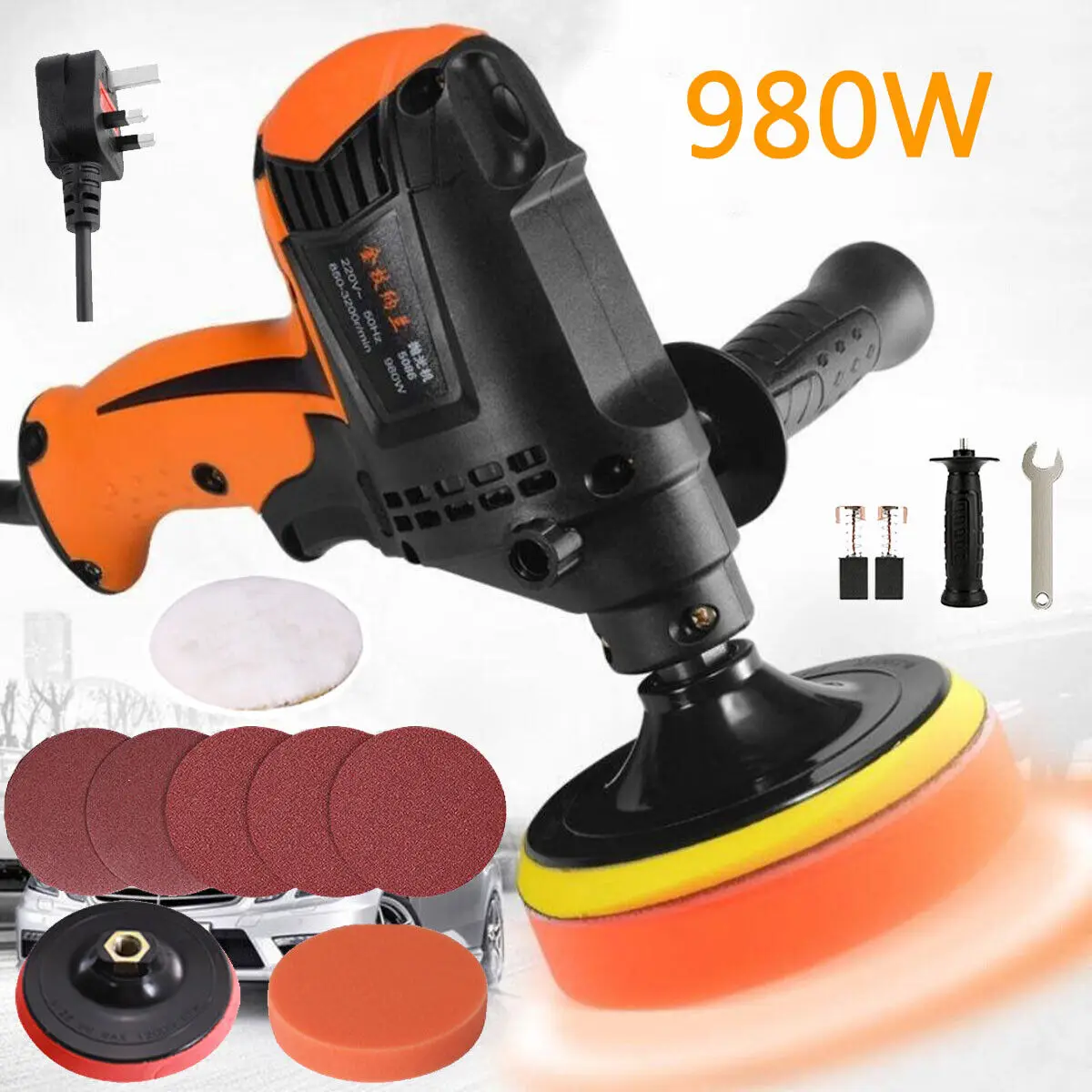 980W Heavy Duty Car Polisher Buffer Sander Waxing Kit 6 Speed With 5