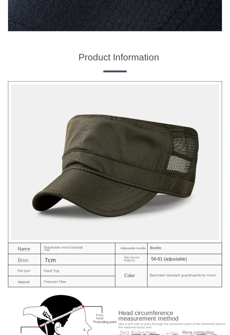 Atmungsaktive Mesh-Kappen für Männer und Frauen, Kadettenmütze, Flacher Schirm für Große Köpfe Schnell Trocknende Mütze Übergröße 56-59cm, 60-65cm – Detail 11