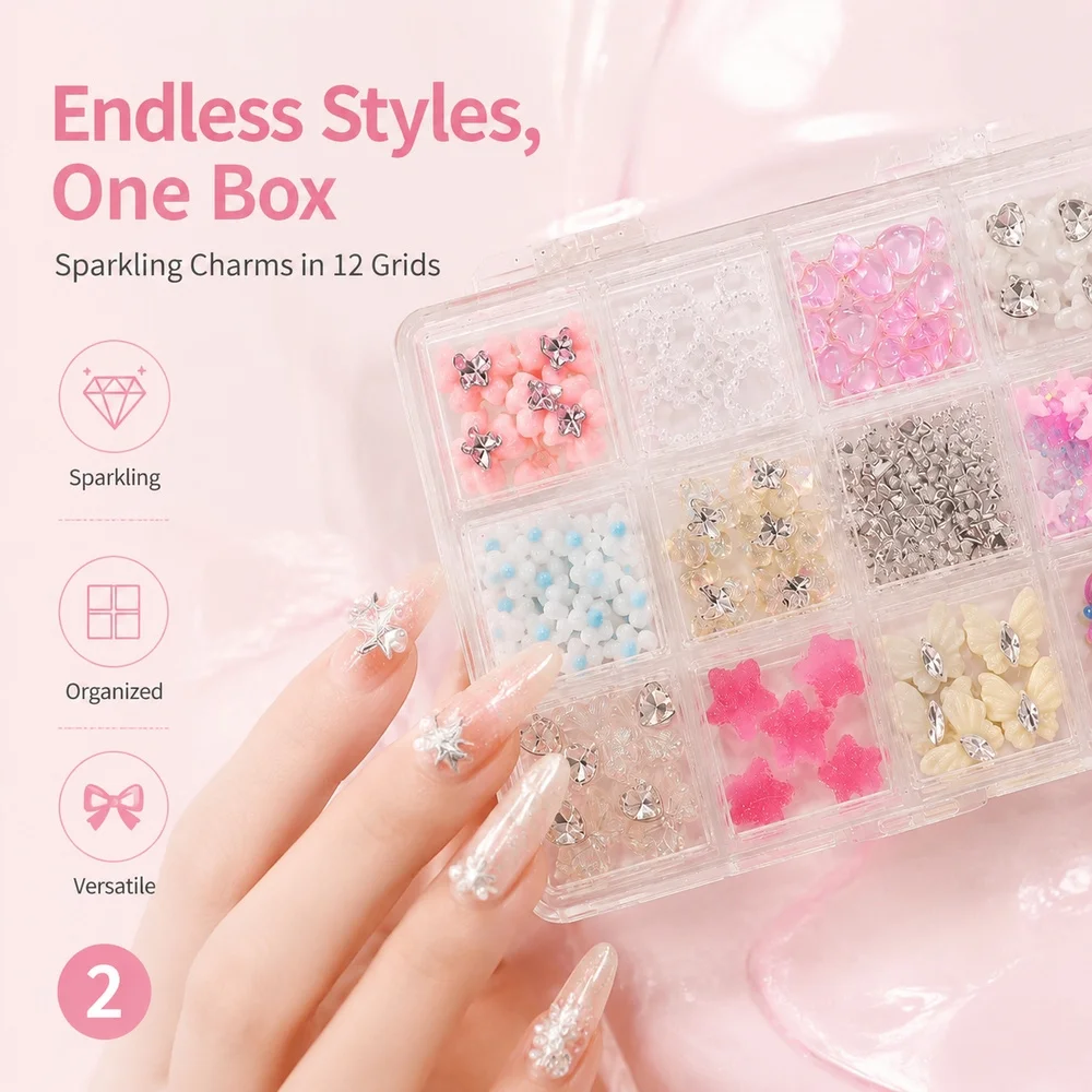 12Grids Macaron Mixed Resin Nail Charms Bowknot Candy Heart Star Crystal Rhinestone Cute Girls Home Salon DIY Nail Supplies
