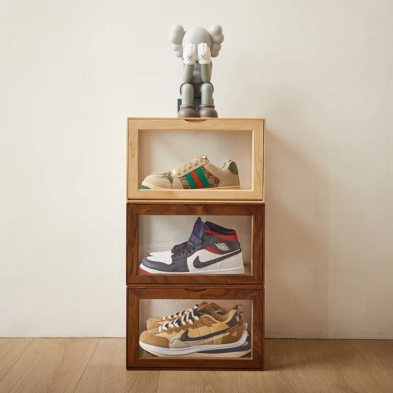 Solid Wood Shoe Box, Dustproof, Transparent Storage Box, Acrylic Shoe Wall, AJ Display Cabinet without Installation