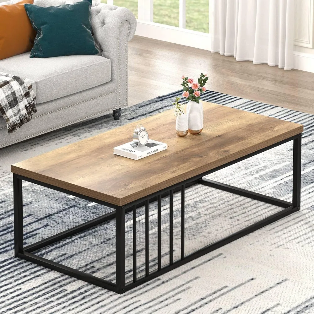 

Modern Coffee Table, Minimalist Wood and Metal Center Table for Living Room, Rustic Oak, 43.3 Inch
