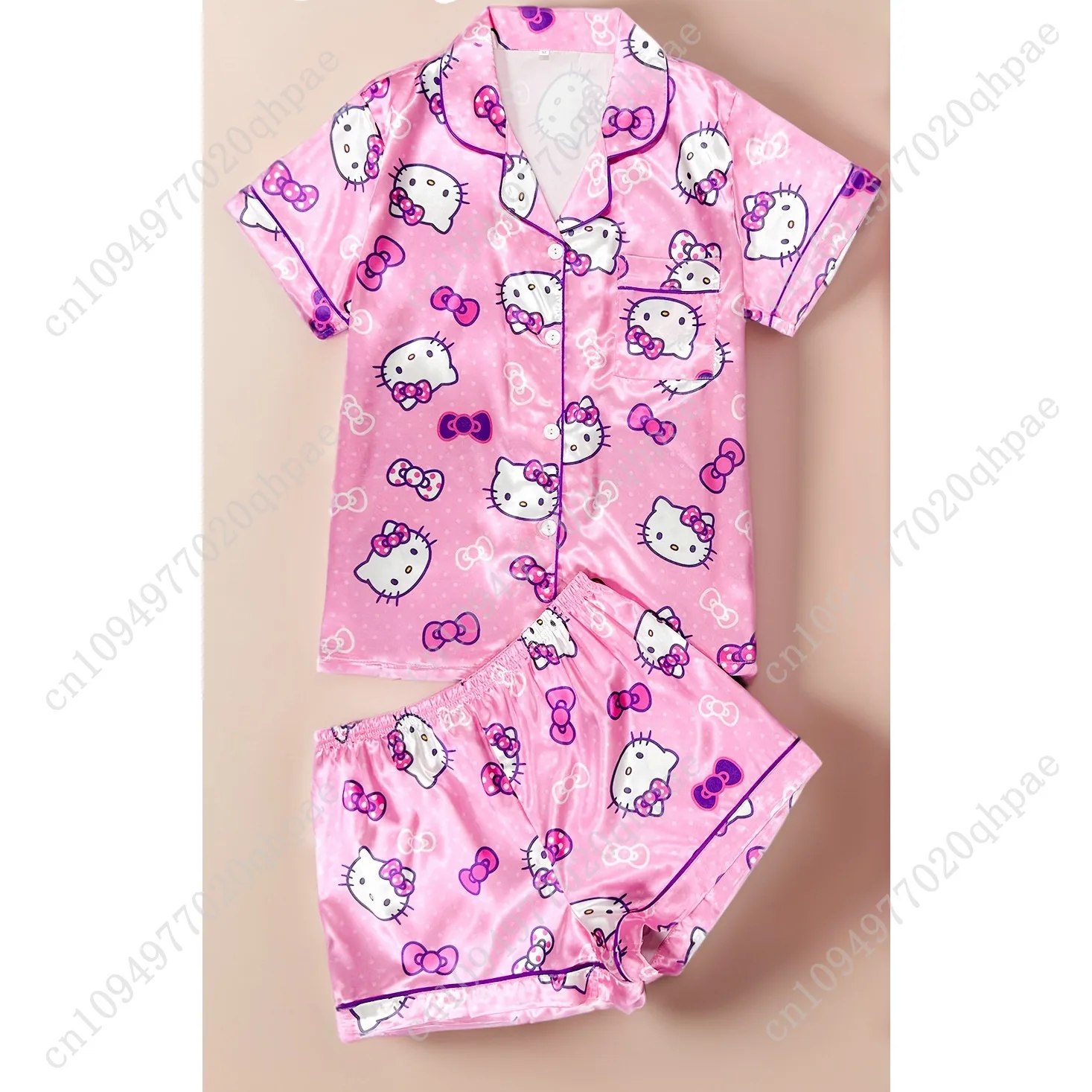 Sanrio HELLO KITTY Printed Pajamas Two Piece Set 1pc Top 1 Shorts Lapel Buttoned Cardigan Home Suit Soft Pj Set view 2