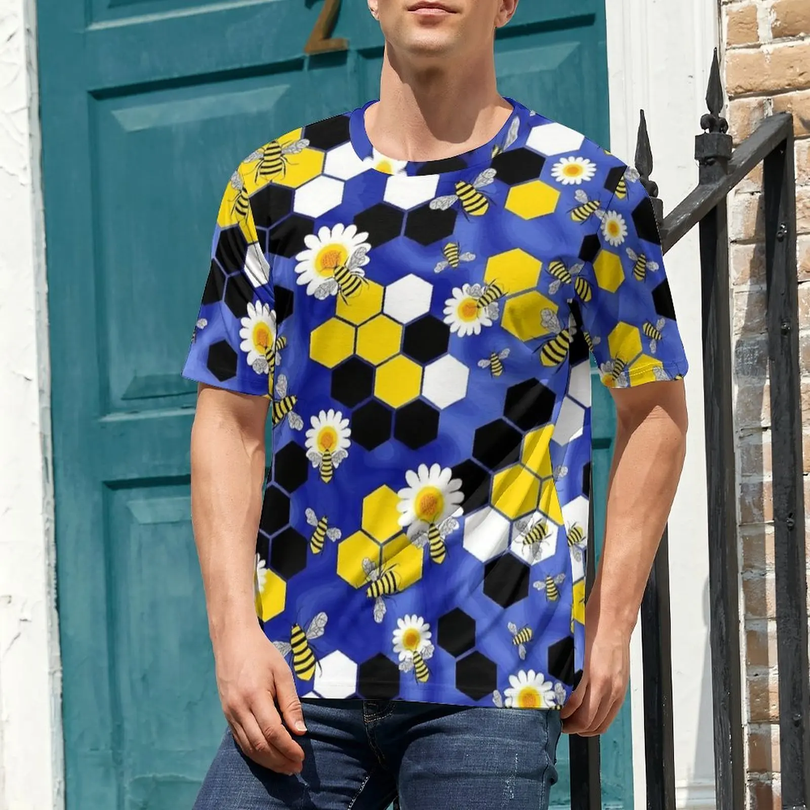 Plus Size T Shirt Summer Bee Daisy Honeycomb Print T-Shirts  Aesthetic O Neck Tee Shirt Male Hip Hop Graphic Tops