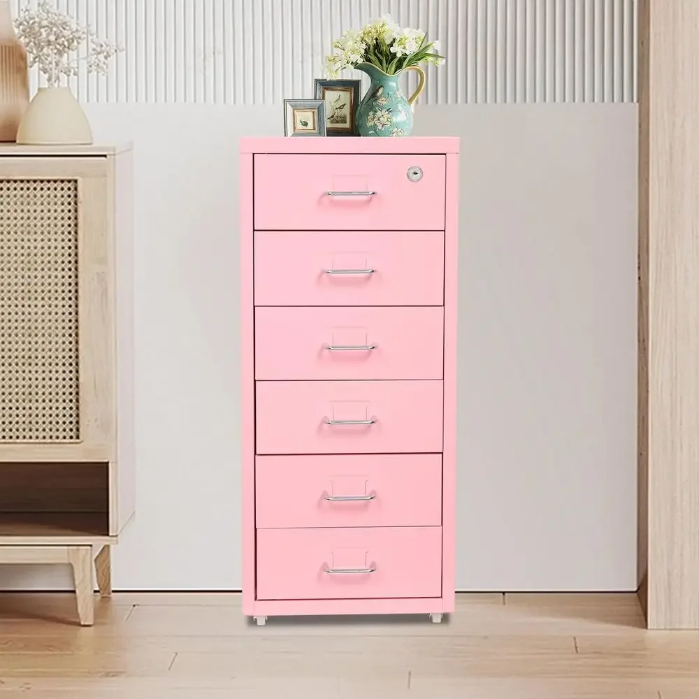 6-Tier Mobile Office Storage Cabinet with Lock and Wheels, Suitable for Legal, Letter, or Home Office (Pink)