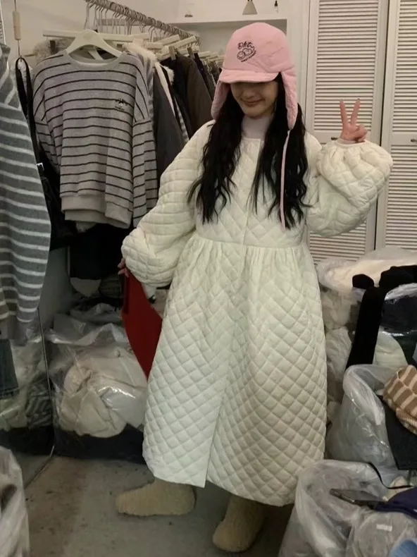 Winter Chic Retro Diamond Pattern Cotton Jacket Dress Women's Warmth Doll Style Korean Fashion Long Sleeve City Commute