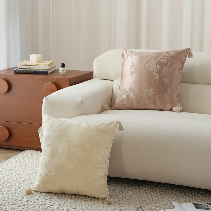 pink/ cream white jacqaurd flower cushion cover pillowcase tassels backrest pillow cover backrest