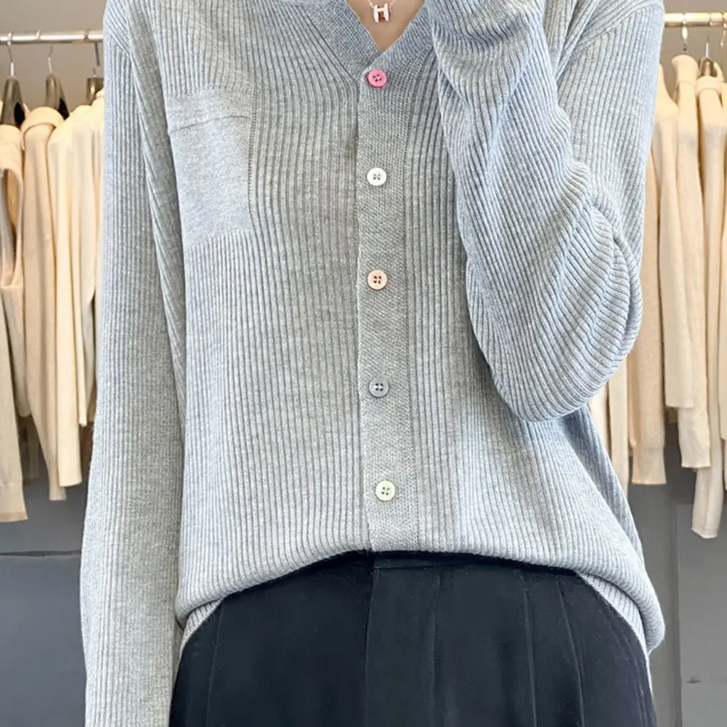 

Women's Korean Style Worsted Wool Cardigan Long Sleeve Half Open Collar Knitted Pullover Fashionable Simple Jacket Color Buckle