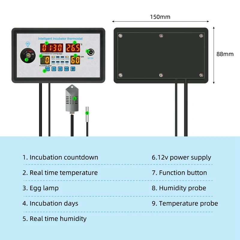 ZFX-W9002 Smart Thermostat Digital Temperature Humidity Control Incubator 360 Automatic Egg Turning 12V